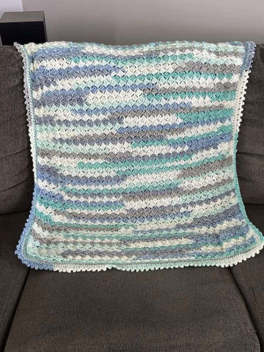 Handmade Striped Crochet Baby Blanket – Blue, Gray & White